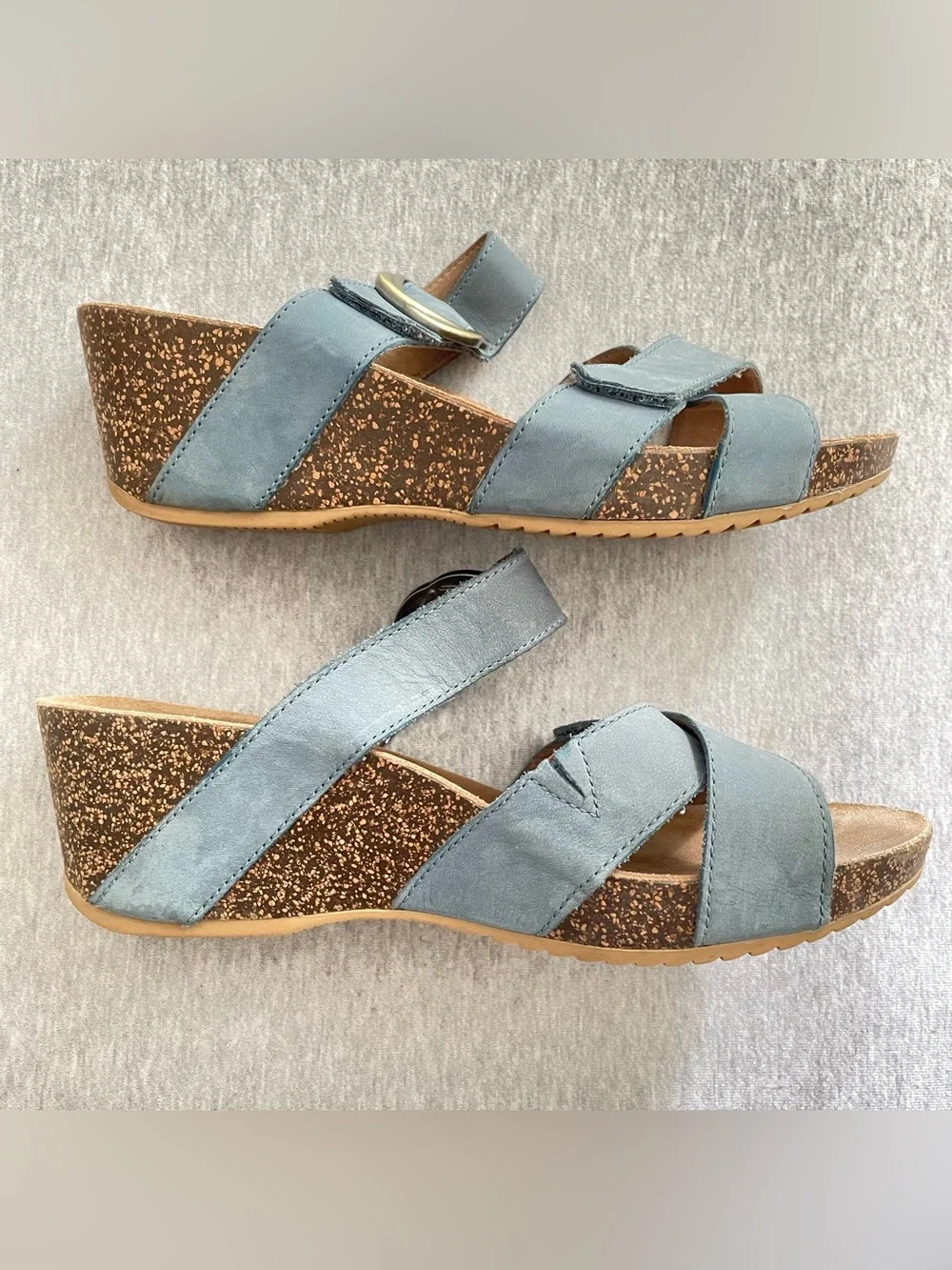Dansko Susie Sz 38 US 7.5-8 Light Blue Cork Wedge Sandals with Buckle New No Box
